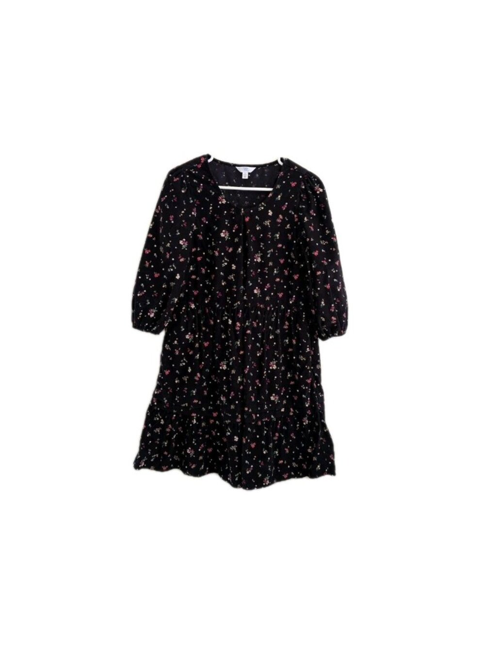 Time and Tru Dress Women's Small Black Floral Fine Corduroy Tiered Mini Pockets